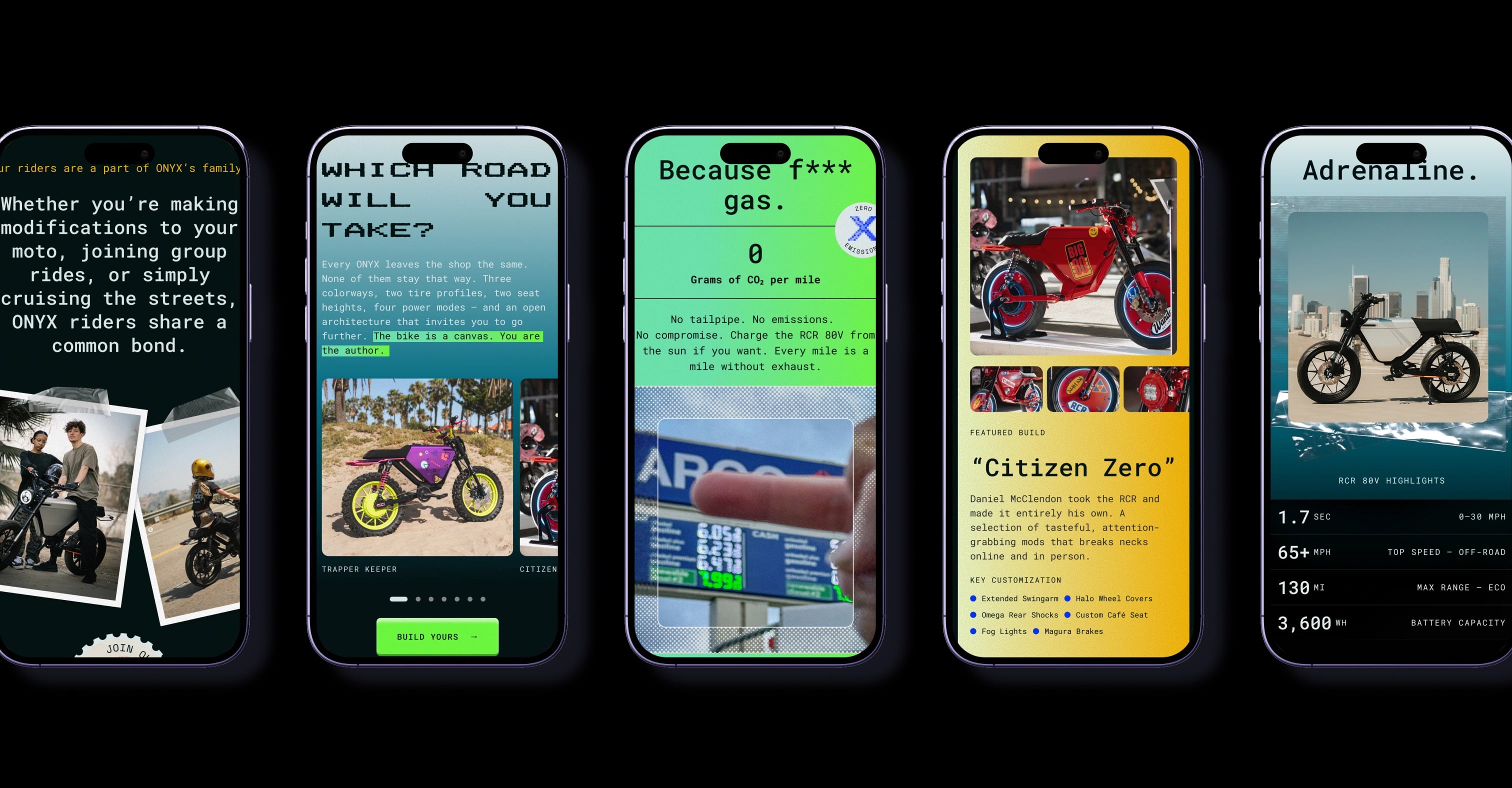 The ONYX storefront across five phone screens: the rider community, the build configurator, the zero-emissions claim, a featured custom build, and the RCR 80V spec sheet